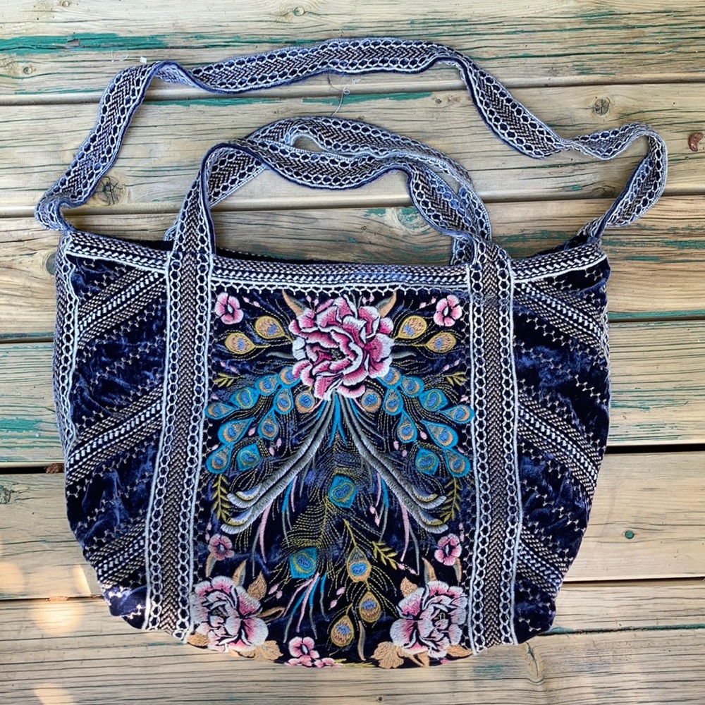 Johnny Was Navy Velvet Embroidered Floral & Peacock Tote